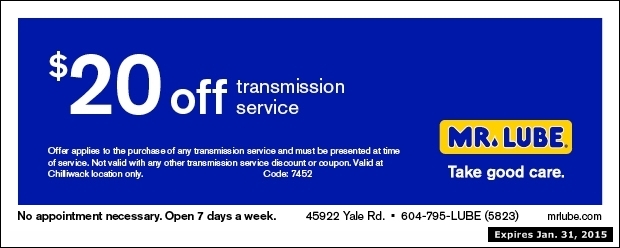Transmission Service $20.00 Off at Mr. Lube - Auto Repair Coupons - Chilliwack BC - 0