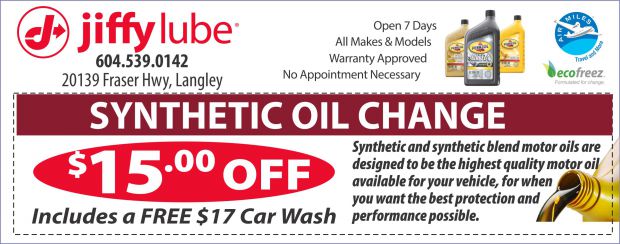 Synthetic Oil Change 15.00 Off at Jiffy Lube Langley Auto Repair Coupons Langley BC